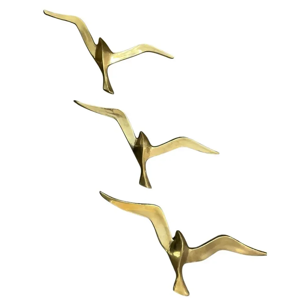 Gold Brass Seagulls Wall Decor 3 Piece Set Vintage 1960’s Coastal Accent EUC